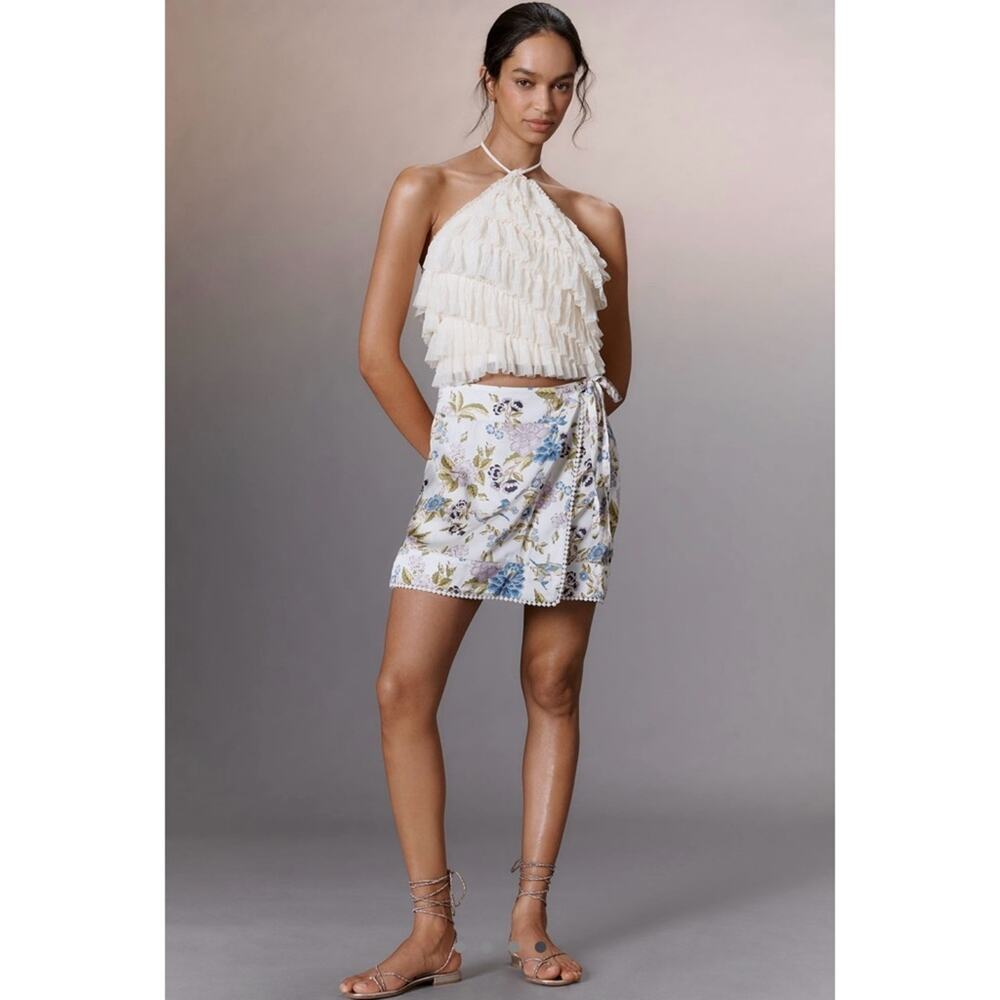 Maeve Anthropologie Floral Printed Satin Wrap Mini Skirt